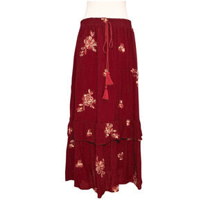 Ana & Rose Red Embroidered Tiered Boho Pull On Maxi Skirt Large